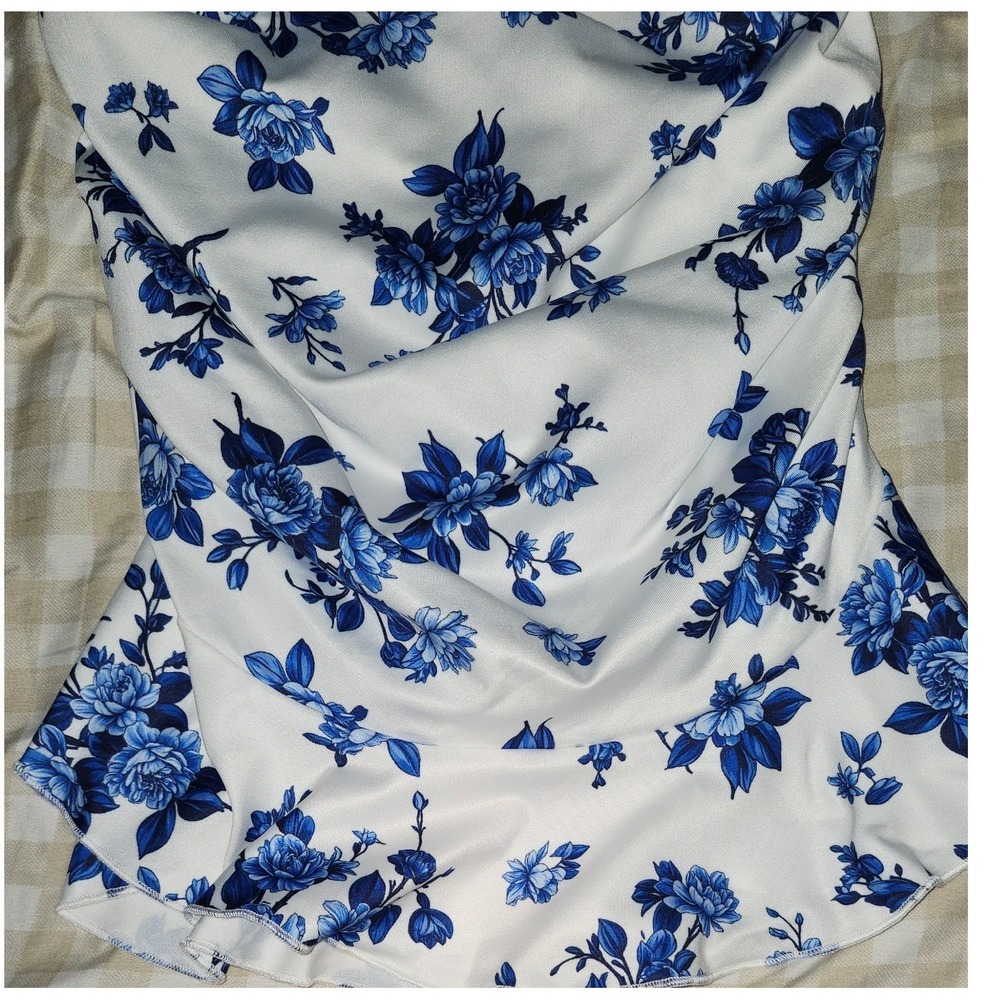 Blue Floral Off Shoulder Ruched Bodycon Mini Dress White Ruffle Hem Medium - Picture 2 of 5